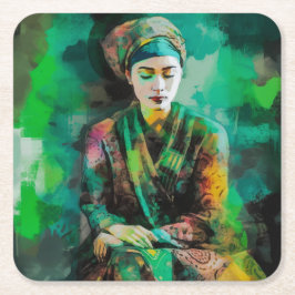 Posavasos Cuadrado De Papel Mujer en verde