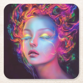 Posavasos Cuadrado De Papel Mujer extranjera con pelo cósmico