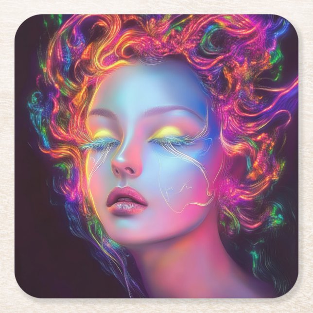 Posavasos Cuadrado De Papel Mujer extranjera con pelo cósmico (Anverso)