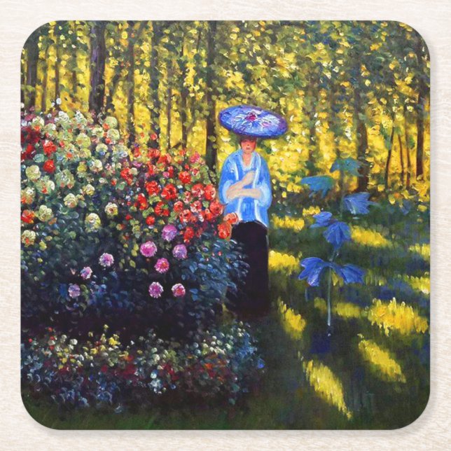 Posavasos Cuadrado De Papel Mujer Monet con una sombrilla en el jardín (Anverso)