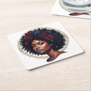Posavasos Cuadrado De Papel Mujer Negra Floral Afro Oscuro