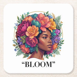 Posavasos Cuadrado De Papel Mujer Negra Floral Oscuro Afro