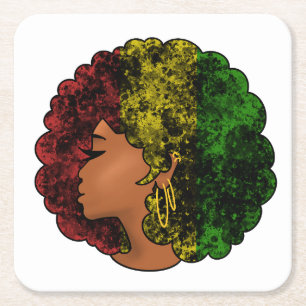 Posavasos Cuadrado De Papel Mujer negra rasta afro rojo amarillo verde