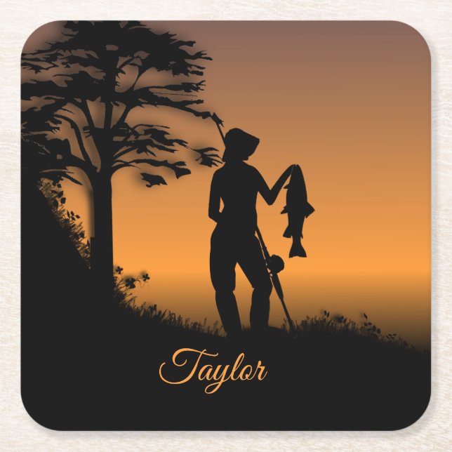 Posavasos Cuadrado De Papel Mujer pescadora en Dusk Personal (Anverso)