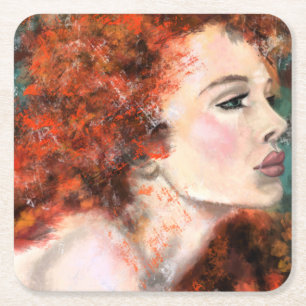 Posavasos Cuadrado De Papel Mujer Redhead de bonito - Pintura Original Resumen