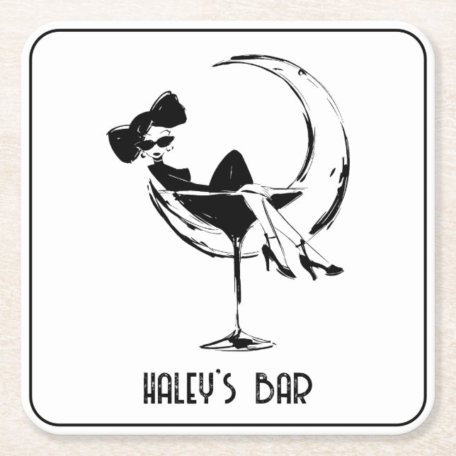 Posavasos Cuadrado De Papel Mujer retro en Martini Glass Bar (Anverso)