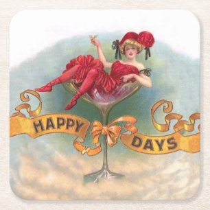 Posavasos Cuadrado De Papel Mujer victoriana Red Champagne feliz