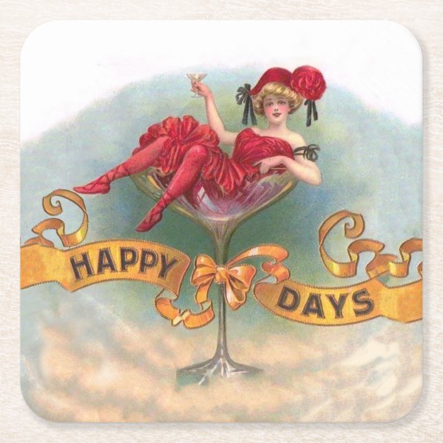 Posavasos Cuadrado De Papel Mujer victoriana Red Champagne feliz (Anverso)