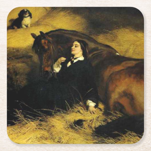 Posavasos Cuadrado De Papel Mujer y caballo (Anverso)