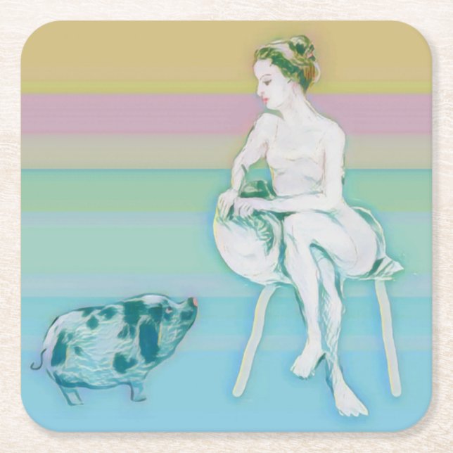 Posavasos Cuadrado De Papel Mujer y cerdo (Anverso)