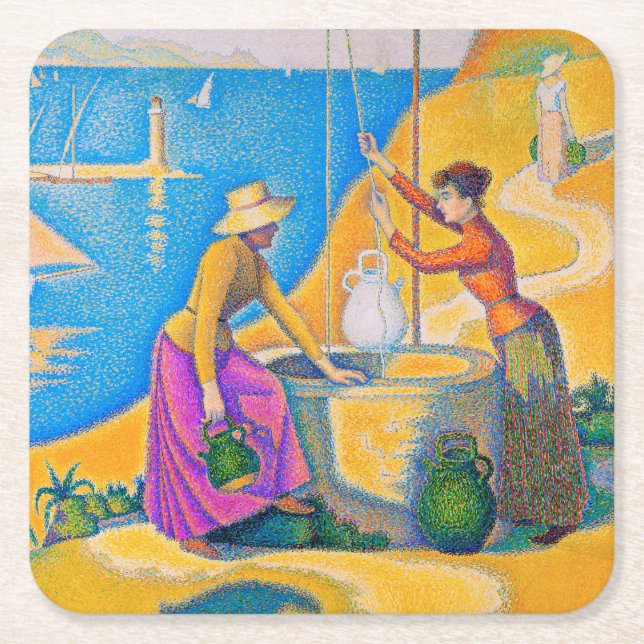 Posavasos Cuadrado De Papel Mujeres en el pozo, Signac (Anverso)