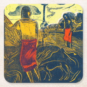Posavasos Cuadrado De Papel Mujeres Tahitianas y Perro, Gauguin