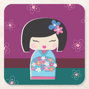 Posavasos Cuadrado De Papel Muñeca Kokeshi, ciruela
