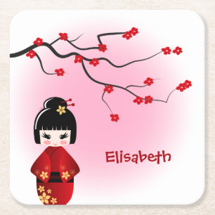 Posavasos Cuadrado De Papel muñeca kokeshi japonesa con el nombre del chica s