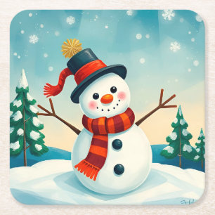Posavasos Cuadrado De Papel Muñeco de nieve alegre en paisaje invernal