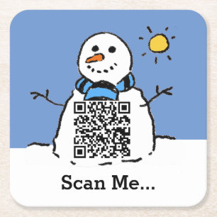 Posavasos Cuadrado De Papel Muñeco de nieve en un día soleado con código QR