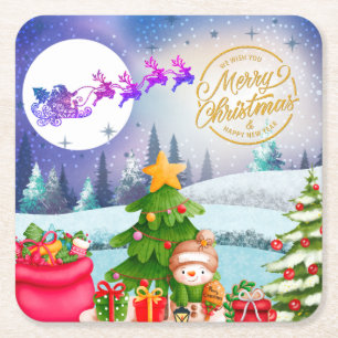 Posavasos Cuadrado De Papel Muñeco de nieve Feliz Navidad Árbol Regalo & Feliz