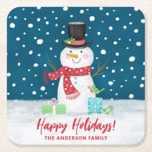 Posavasos Cuadrado De Papel Muñeco de nieve personalizado de Navidad invierno