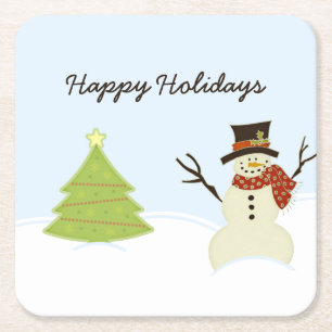Posavasos Cuadrado De Papel Muñeco de nieve y árbol