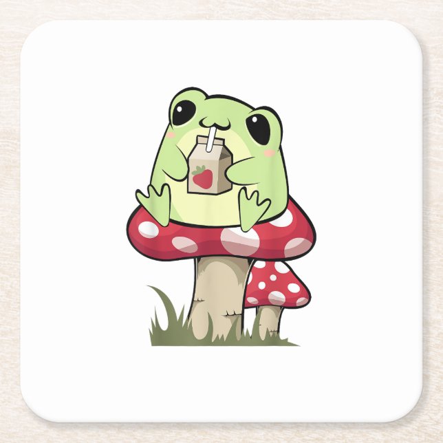 Posavasos Cuadrado De Papel Mushroom Frog Goblincore Mycology Creative Style (Anverso)