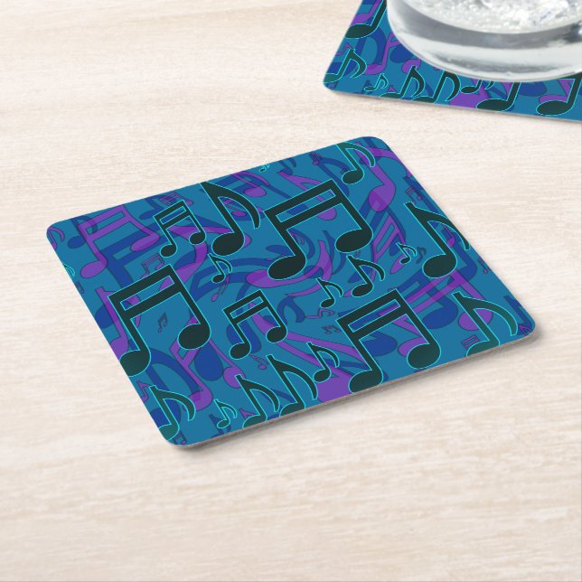 Posavasos Cuadrado De Papel Music Notes Blue Green Purple Musical Pattern (En perspectiva)