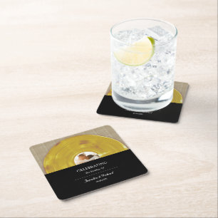 Posavasos Cuadrado De Papel Música Retro Gold Álbum de Vinilo Boda