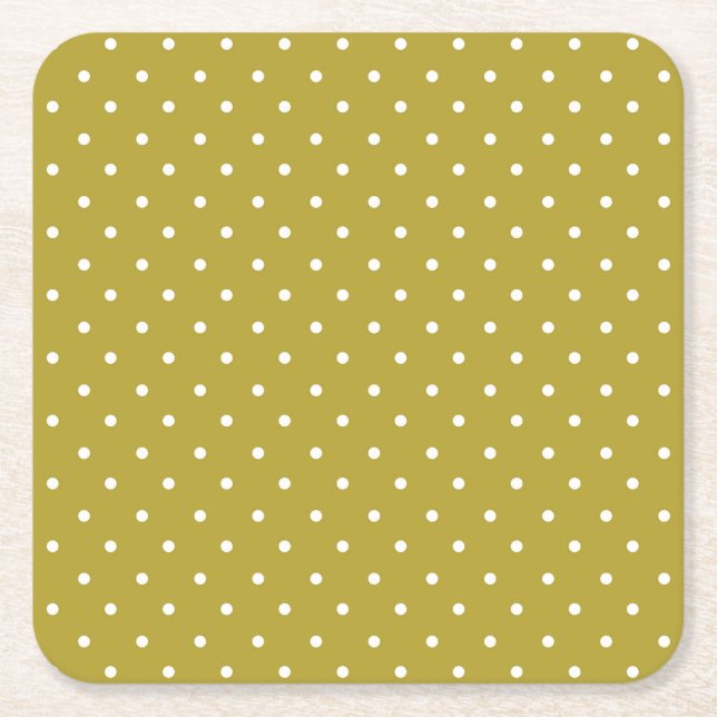 Posavasos Cuadrado De Papel  Mustard yellow white polka dots pattern  (Anverso)
