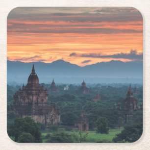 Posavasos Cuadrado De Papel Myanmar, Amanecer en Bagan
