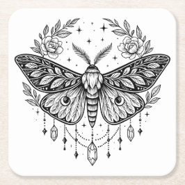 Posavasos Cuadrado De Papel Mystical Gothic Moth Botanical Celestial Line Art 