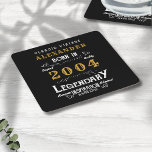 Posavasos Cuadrado De Papel Nacido 21º cumpleaños 2004 Vintage Black personali<br><div class="desc">Un diseño de montaña de papel clásico personalizado para esa celebración de cumpleaños para alguien nacido en 2004 y que cumple 21 años. Añada el nombre a este diseño retro vintage de color negro, blanco y dorado para un regalo de cumpleaños 21 personalizado. Edite fácilmente el nombre y el año...</div>