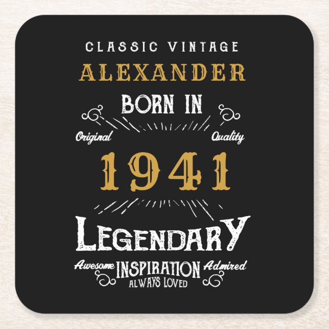 Posavasos Cuadrado De Papel Nacido en 1941, 80º cumpleaños personalizado, negr (Anverso)