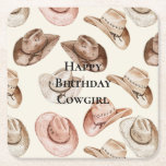 Posavasos Cuadrado De Papel Nacimiento de Gorras de Cowgirl de crema rosa occi<br><div class="desc">cumpleaños de la chica crema rosa occidental</div>