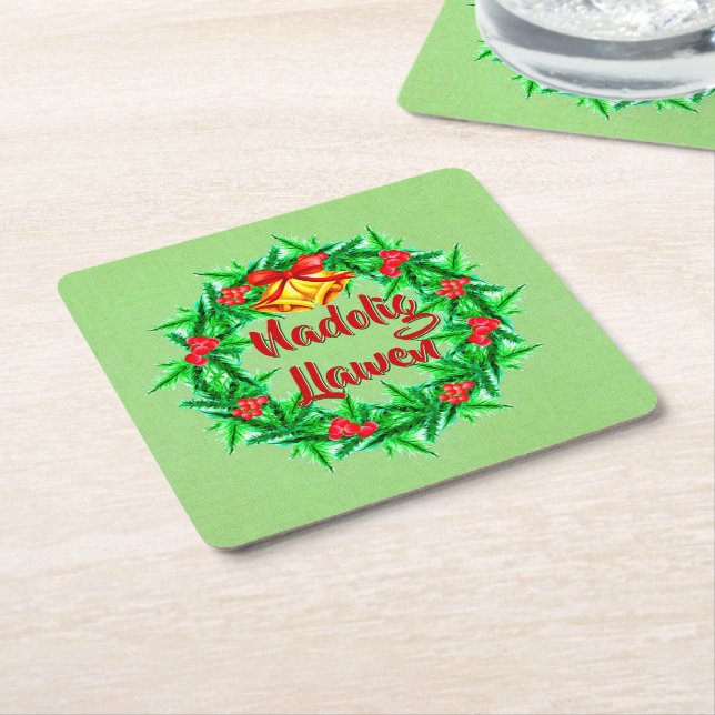 Posavasos Cuadrado De Papel Nadolig Llawen Welsh Merry Christmas (En perspectiva)