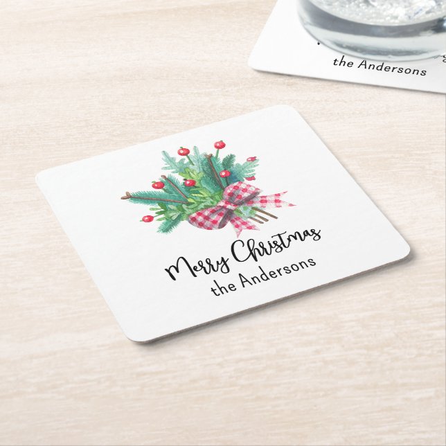 Posavasos Cuadrado De Papel Name, Merry Christmas Red and Green (En perspectiva)
