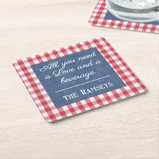 Posavasos Cuadrado De Papel Name Quote. Red & White Check, Blue Denim Print (En perspectiva)