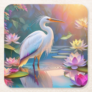 Posavasos Cuadrado De Papel Naranja Billing White Heron Fantasy Bird