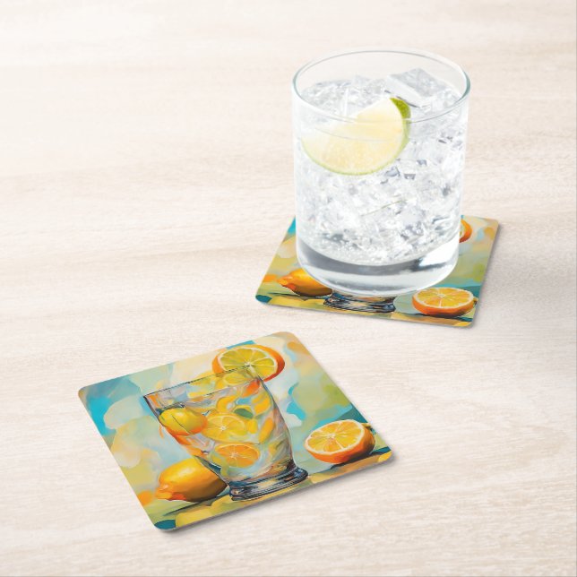 Posavasos Cuadrado De Papel Naranja Cocktail AI art coaster (In situ)