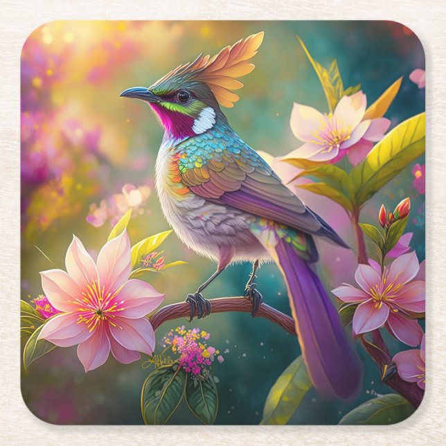 Posavasos Cuadrado De Papel Naranja Creste Arco Iris Jay Fantasy Bird (Anverso)