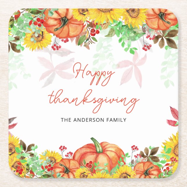 Posavasos Cuadrado De Papel Naranja de Acción de Gracias feliz Pumpkins (Anverso)