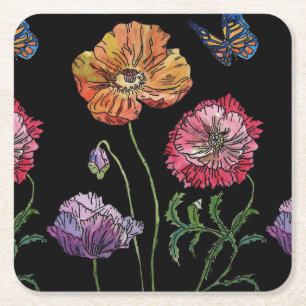 Posavasos Cuadrado De Papel Naranja de acuarela Floral de adormidera negra