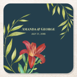 Posavasos Cuadrado De Papel Naranja de acuarela Ilustracion oscuro turquesa