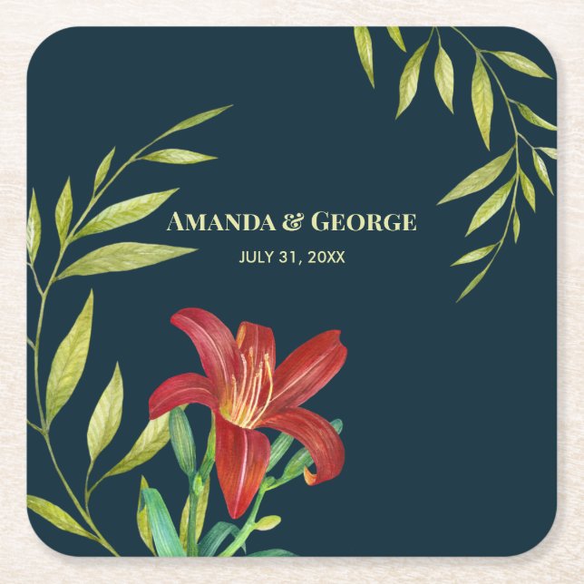 Posavasos Cuadrado De Papel Naranja de acuarela Ilustracion oscuro turquesa (Anverso)