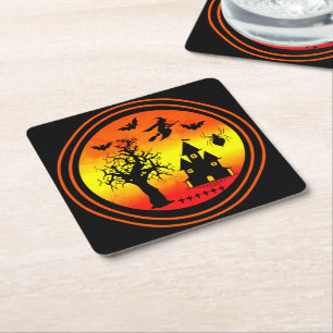 Posavasos Cuadrado De Papel Naranja de Halloween Bruja atormentada Fiesta de l