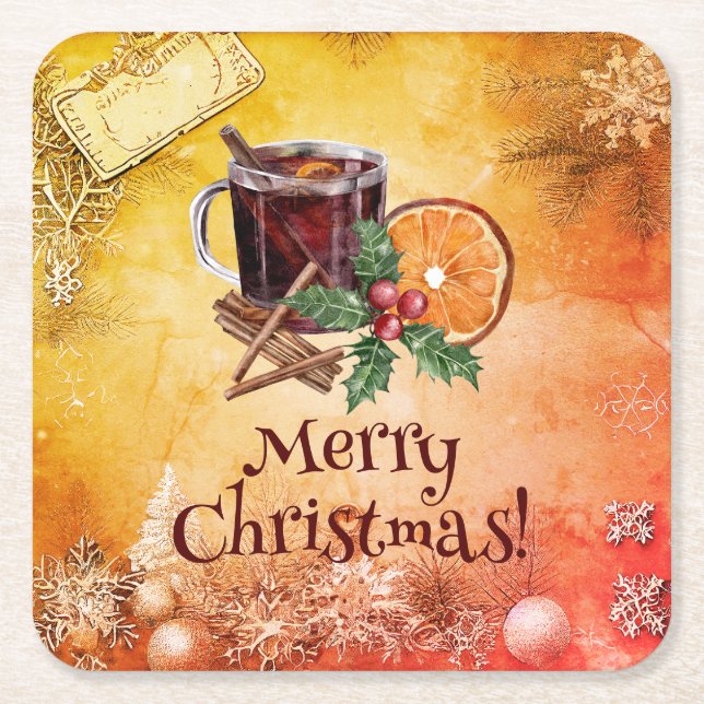 Posavasos Cuadrado De Papel Naranja de la Copa de navidades Holly Berry Cinnam (Anverso)