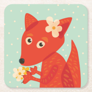 Posavasos Cuadrado De Papel Naranja Fox Kawaii Cute Kids