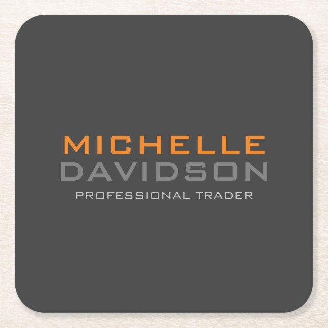 Posavasos Cuadrado De Papel Naranja Gris moderno Texto negrita Nombre Minimali (Anverso)