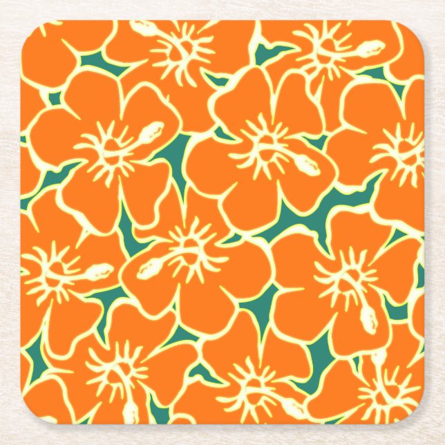 Posavasos Cuadrado De Papel Naranja Hibiscus Flowers Tropical Hawai Luau (Anverso)