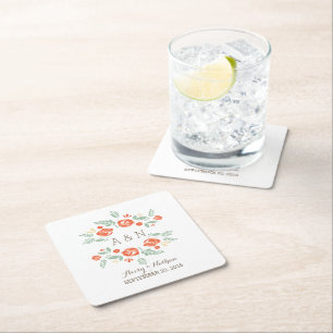 Posavasos Cuadrado De Papel Naranja País Monograma Floral Láminas de papel