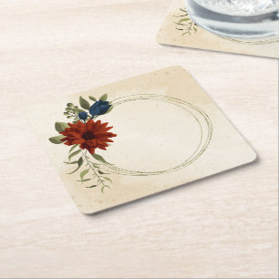Posavasos Cuadrado De Papel naranja quemada y flores azules marino