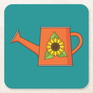 Posavasos Cuadrado De Papel Naranja regando lata con girasol